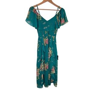 Lulus Floral Print Dress Ruffle‎ Cold Shoulder Midi Green Size Small NEW